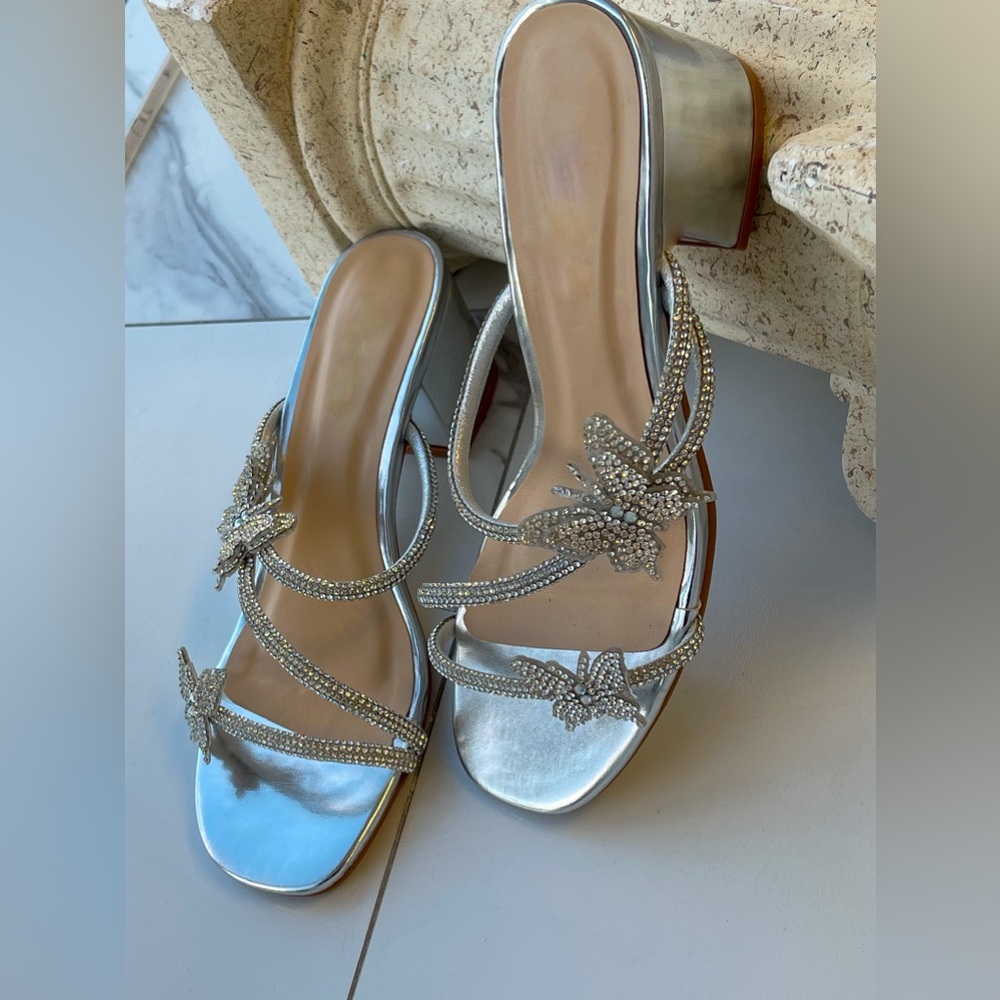 Silver low heel slipper sandals with butterflies